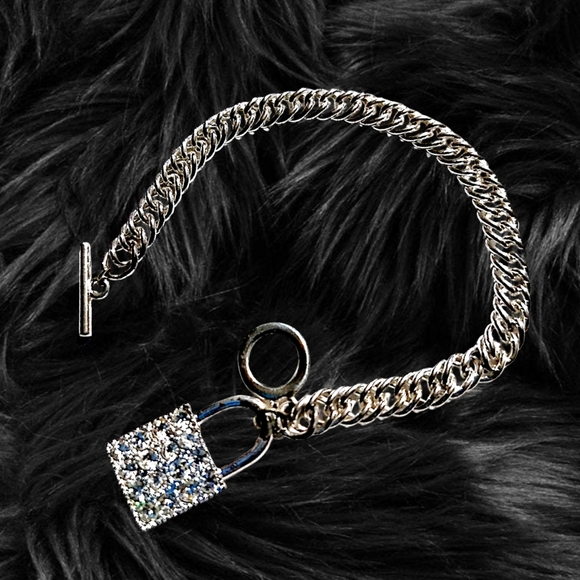 👣4/$20. Silver Plated Link Bracelet and Lock Charm with Shiny Rhinestones - Picture 6 of 7